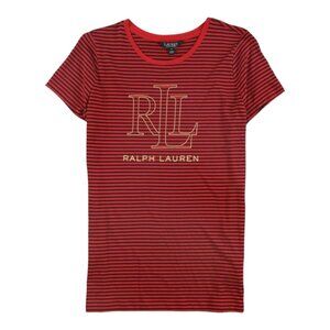Lauren Ralph Lauren Red Black Stripe Logo Short Sleeve T-Shirt Top Size: Large